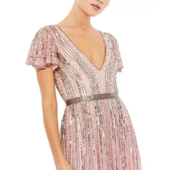 MAC DUGGAL Flutter Sleeve Embellished Plunge Neck A Line Gown Dress Size 14 - Picture 3 of 8